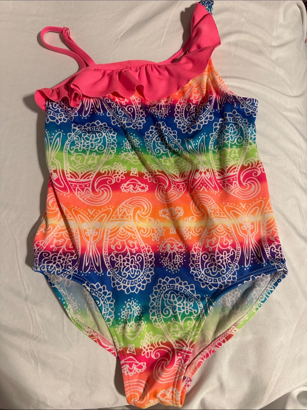Girls' Rainbow Paisley One-Shoulder Ruffle Swimsuit - Pink Accent